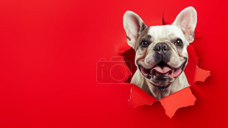 A curious and attentive French bulldog's face emerges from a torn hole in red paper, seeming alert and focused