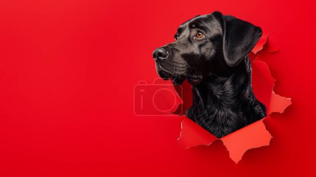 A dignified black labrador retriever peers through a neatly torn hole in a bold red background, looking noble