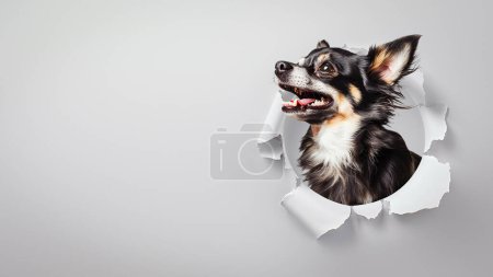 Un Chihuahua colorido mirando hacia arriba a través de un agujero de papel blanco, evocando diversión y emoción en un fondo gris limpio