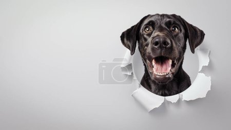 Ein aufgeregter schwarzer Labrador Retriever blickt durch eine Papierträne vor grauem Hintergrund und ruft Freude und Verspieltheit hervor