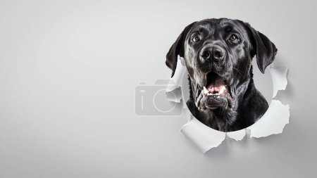 Téléchargez les photos : Un curieux Labrador noir avec un regard concentré à travers un trou de papier rond, posé sur un fond gris propre - en image libre de droit