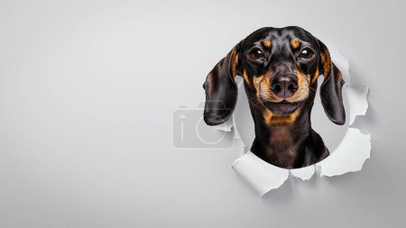 Cette image ludique capture un chien teckel regardant curieusement à travers un trou déchiré dans du papier blanc, donnant un sentiment de surprise