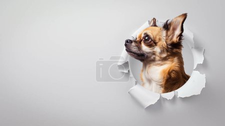 Photo for An amusing and heartwarming image of a spaniel dog peeking from behind torn paper, showcasing curiosity with an adorable twist - Royalty Free Image