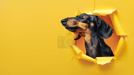 Foto de Un perro Dachshund empuja su cabeza curioso a través de un agujero de papel amarillo roto, patas invisibles - Imagen libre de derechos