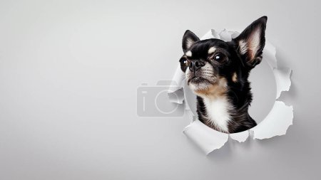 Photo for A curious Chihuahua's head popping through a round torn white paper against a clean gray background, sparking a sense of surprise - Royalty Free Image