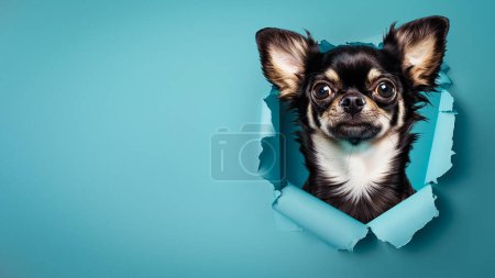 Un Chihuahua aux grandes oreilles regarde à travers un papier déchiré, exsudant curiosité et un peu d'humour