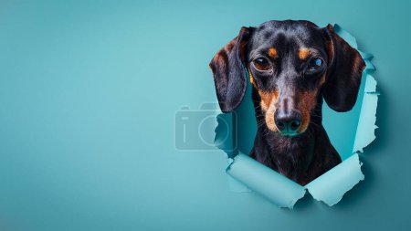 Téléchargez les photos : Un curieux chien Dachshund surgit à travers un trou dans le papier sarcelle, véhiculant des concepts de curiosité ou une entrée inattendue - en image libre de droit