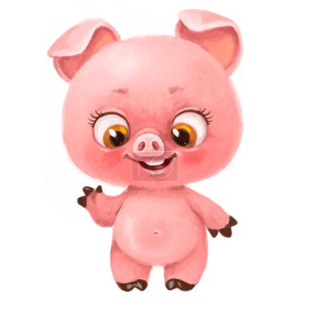 Téléchargez les photos : Cute little fluffy pink piglet waving his hoof hello and smiling on a white background - en image libre de droit