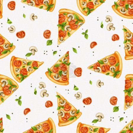 Foto de Patrón sin costuras de pizza, rodajas de tomates, champiñones, pimienta y albahaca sobre un fondo blanco - Imagen libre de derechos
