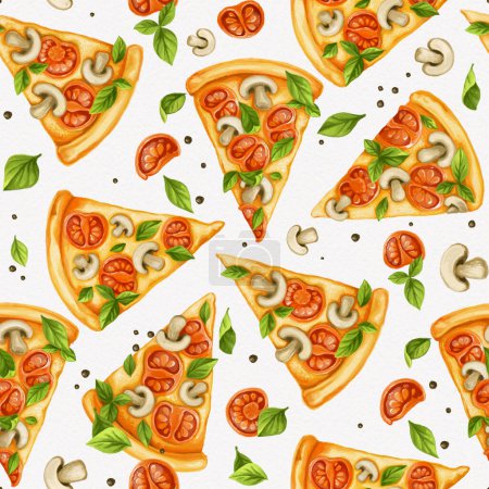 Foto de Patrón sin costuras de pizza, rodajas de tomates, champiñones y albahaca sobre un fondo blanco - Imagen libre de derechos