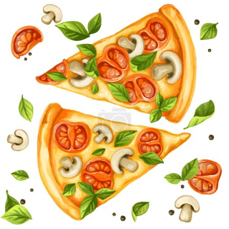 Téléchargez les photos : Tranches de pizza aux champignons, basilic et tomates - en image libre de droit