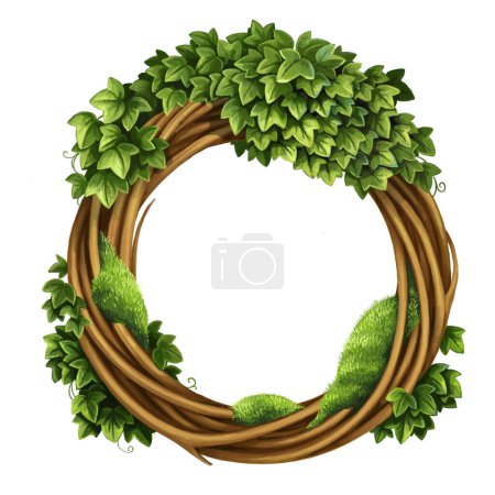 Green forest wicker wreath with ivy and moss isolated on a white background