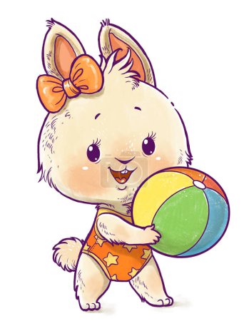 Photo for Cute cartoon summer white rabbit with beach ball - Royalty Free Image