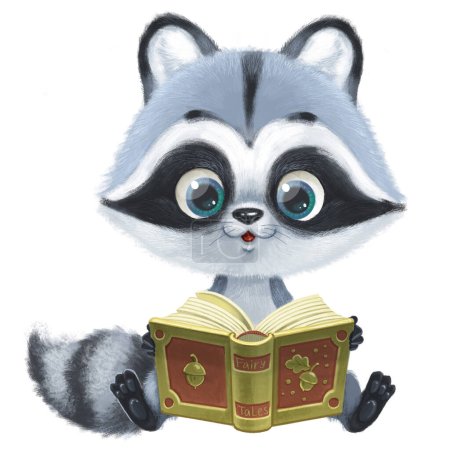 Photo for Cute cartoon fluffy raccoon sit on floor and read a book - Royalty Free Image