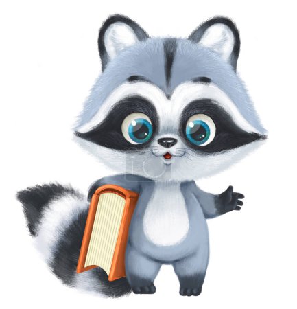 Photo for Cute cartoon fluffy raccoon wih a big book - Royalty Free Image