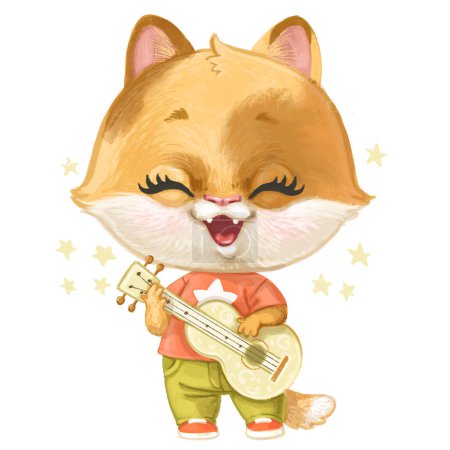 Téléchargez les photos : Chaton dessin animé mignon chante et joue de la guitare isolée sur un fond blanc - en image libre de droit