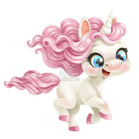 Foto de Lindo bebé de dibujos animados unicornio con melena rosa corriendo hacia adelante para un sueño - Imagen libre de derechos