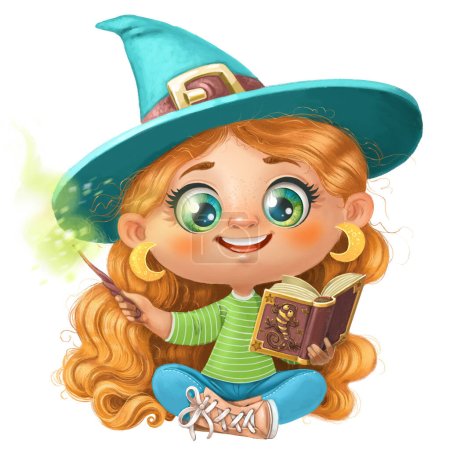 Cute cartoon redhaired witch girl conjuring with a magic wand and textbook