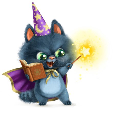 Photo for Black kitten wizard with a book and a magic wand conjures - Royalty Free Image