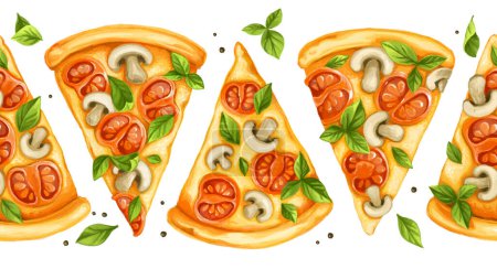 Téléchargez les photos : Bordure horizontale sans couture de la pizza aux tomates, champignons, fromage et basilic - en image libre de droit