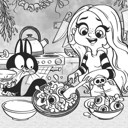Foto de Linda caricatura niña bruja y el gato familiar están preparando la cena de Halloween en la cocina - Imagen libre de derechos