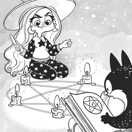 Foto de Linda bruja de dibujos animados y el gato se están preparando para llamar al pentagrama, una sesión de magia negra - Imagen libre de derechos