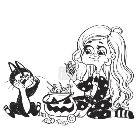Téléchargez les photos : Mignon dessin animé sorcière et chat mangent truc ou traiter des bonbons avec appétit - en image libre de droit