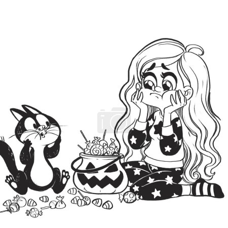 Téléchargez les photos : Mignon dessin animé sorcière et chat sont-ils mangé trop de bonbons et leurs dents mal - en image libre de droit