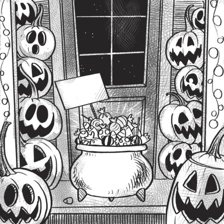 Téléchargez les photos : Porche d'une maison décorée avec des lanternes de citrouille, où il y a un chaudron de bonbons et un signe vide pour une inscription - en image libre de droit