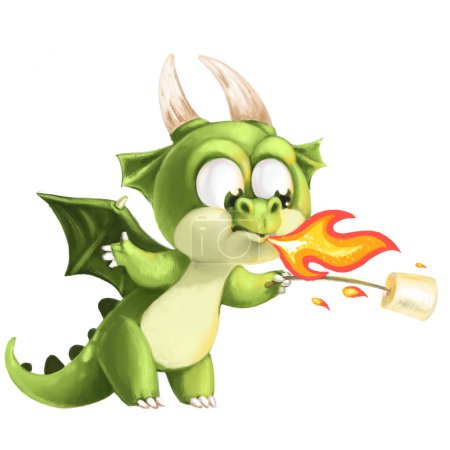 Téléchargez les photos : Mignon dessin animé vert Dragon rôtit guimauves sur son feu sur un fond blanc - en image libre de droit