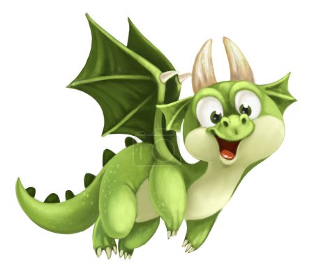 Téléchargez les photos : Dragon vert mignon vole vers l'avant sur un fond blanc - en image libre de droit