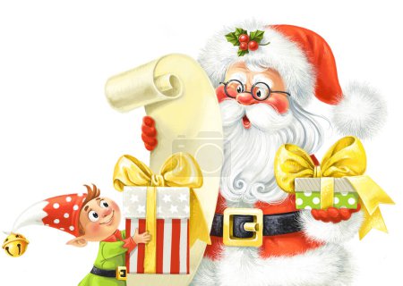 Foto de Santa Claus y el elfo eligen regalos para los niños de una larga lista de los que se comportaron bien este año - Imagen libre de derechos