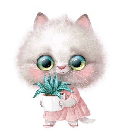 Photo for Cute cartoon white kitten in pink dress with a succulent in pot - Royalty Free Image