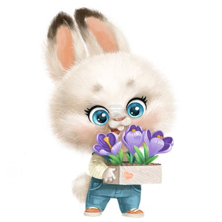 Téléchargez les photos : Mignon petit lapin blanc moelleux avec pot de fleurs avec crocus dans les pattes isolé sur un fond blanc - en image libre de droit