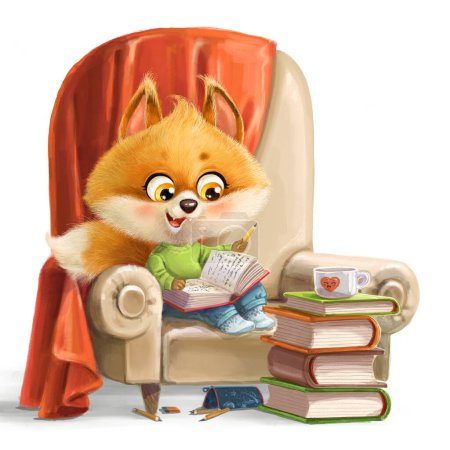 Téléchargez les photos : Mignon dessin animé renard rouge pelucheux assis dans un fauteuil avec livre et lu isolé sur un fond blanc. Image produite sans l'utilisation d'aucune forme de logiciel d'IA à n'importe quel stade - en image libre de droit