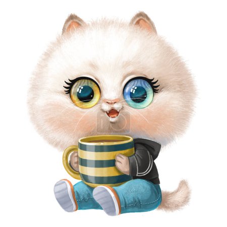Téléchargez les photos : Mignon dessin animé chaton moelleux avec une tasse de café ou de thé dans les pattes s'asseoir sur fond blanc. Image produite sans l'utilisation d'aucune forme de logiciel d'IA à n'importe quel stade - en image libre de droit