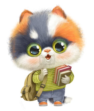 mignon dessin animé tricolore chaton école avec des manuels et sac à dos. Image produite sans l'utilisation d'aucune forme de logiciel d'IA à n'importe quel stade