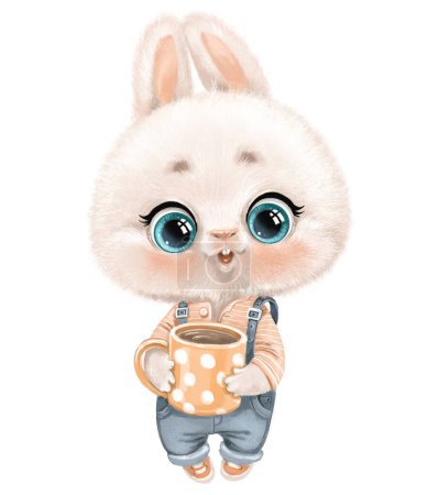 Foto de Lindo conejito blanco de dibujos animados con gran taza de lunares con cacao o café en las patas - Imagen libre de derechos
