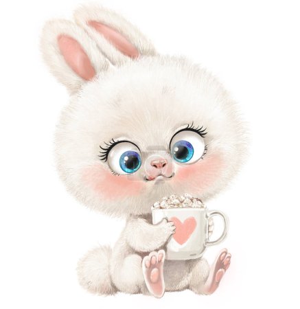 Photo for Cute cartoon little rabbit with large cup of cocoa or coffee with marshmallows sit on a white background - Royalty Free Image