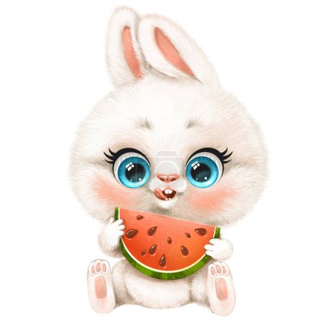 Téléchargez les photos : Mignon dessin animé lapin blanc avec pastèque - en image libre de droit