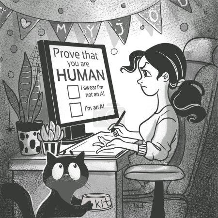 Cute girl designer sits in front of computer where she is asked to confirm that she is a human and hungry cat for whom she is trying to earn money.