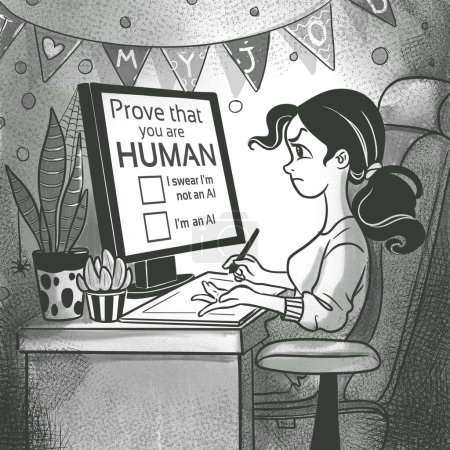 Nettes Mädchen Designerin sitzt vor dem Computer, wo sie aufgefordert wird, zu bestätigen, dass sie ein Mensch ist. Bild, das ohne die Verwendung irgendeiner Form von KI-Software in irgendeiner Phase entsteht