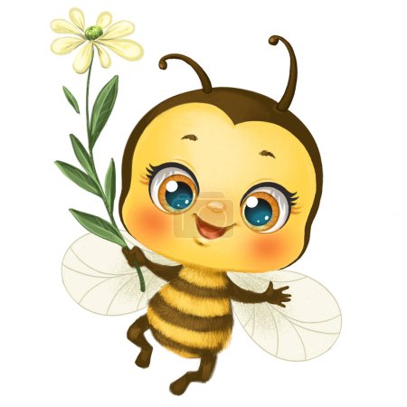 Téléchargez les photos : Bébé abeille dessin animé mignon avec fleur isolé sur un fond blanc - en image libre de droit