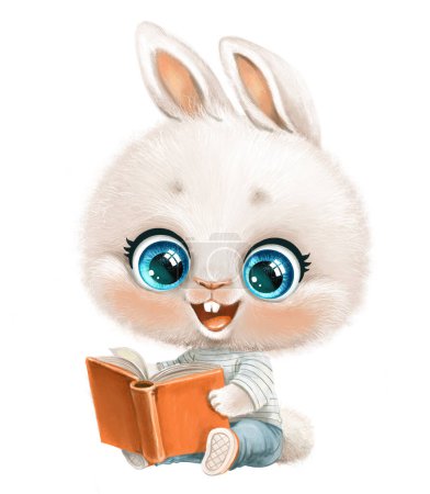 Foto de Lindo conejito blanco de dibujos animados leer un libro sentarse sobre fondo blanco - Imagen libre de derechos