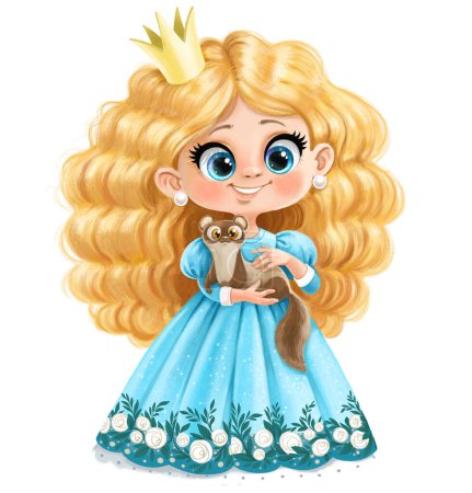 Foto de Linda pequeña princesa de dibujos animados en vestido de bola con un hurón en las manos - Imagen libre de derechos