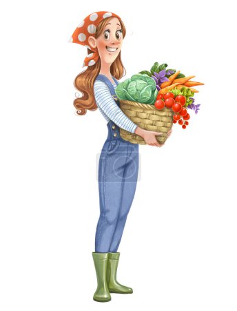 Cute cartoon farmer girl with large wicker basket full of fresh vegetables in hands