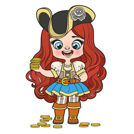 Illustration for Cute cartoon long haired pirate girl in hat with skull brooch and gold coins in hand color variation for coloring page on white background - Royalty Free Image