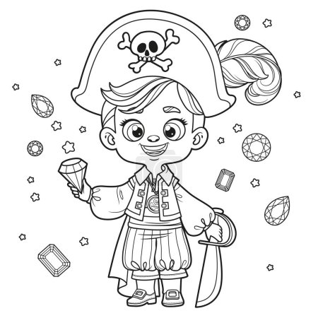 Mignon garçon pirate dessin animé avec sabre et bijoux esquissés pour la coloration sur fond blanc