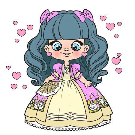 Cute cartoon long haired princess girl in ball dress with fan in hand color variation for coloring page on white background