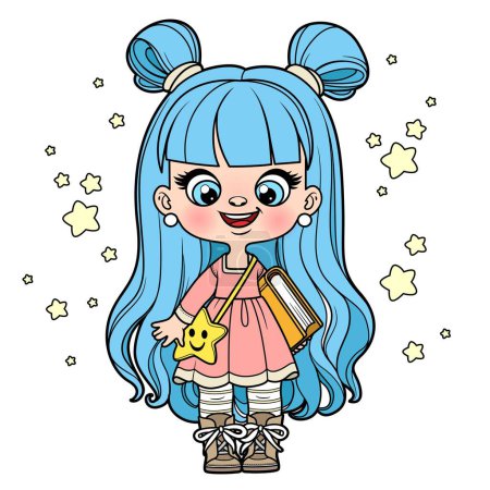Ilustración de Linda chica de pelo largo de dibujos animados con bolsa de estrella y libro en la variación de color de la mano para colorear página sobre fondo blanco - Imagen libre de derechos
